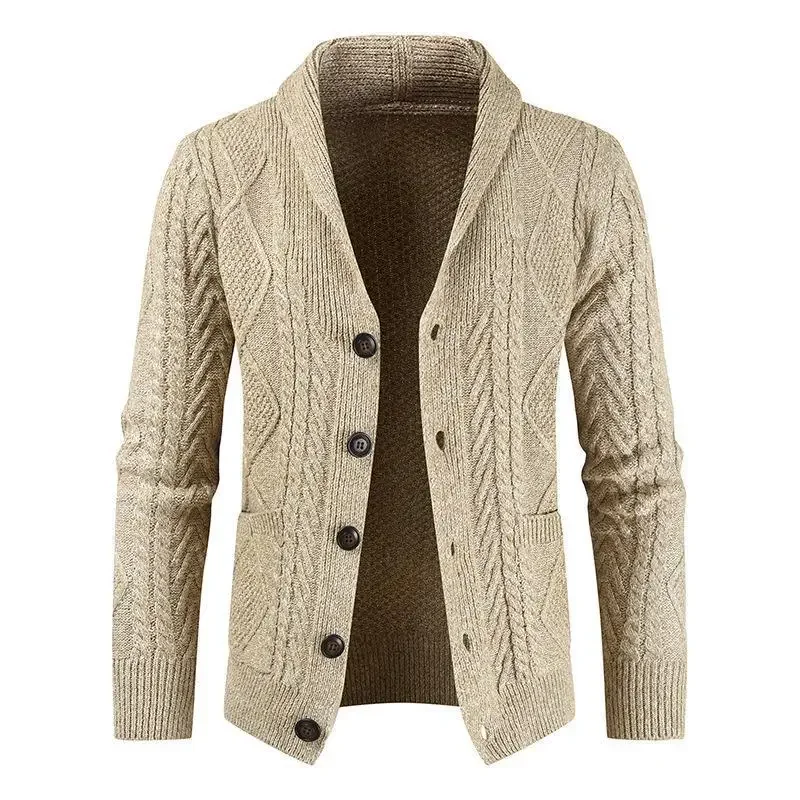 Men's Casual Long Sleeve Shawl Collar Buttons Down Cable Knit Cardigan Sweater with Pockets