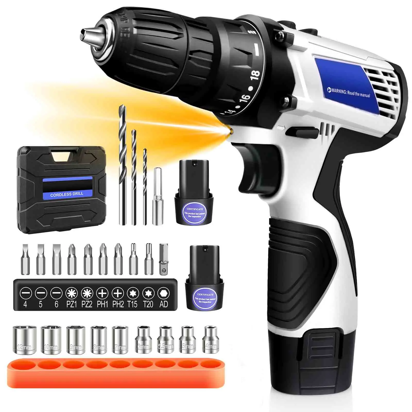 Perceuse sans fil 16,8 V, ensemble de tournevis électrique, perceuse combinée sans fil 45 Nm avec réglage de couple 18+1, batterie Li-ion 1,5 Ah