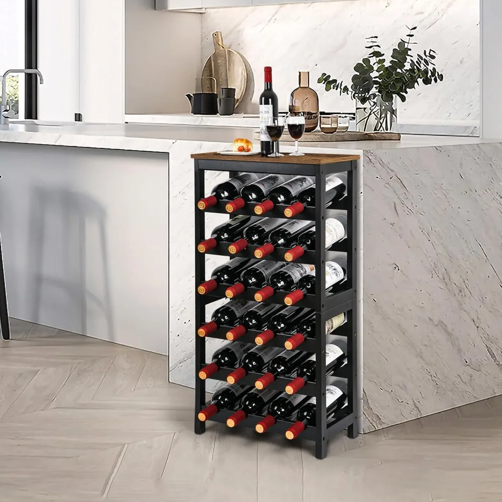 Rack de vinho vasmia piso autônomo, prateleiras de armazenamento de vinho de bambu de 6 camadas com tampo de mesa, prateleira de rack de vinho de 24 garrafas para cozinha b