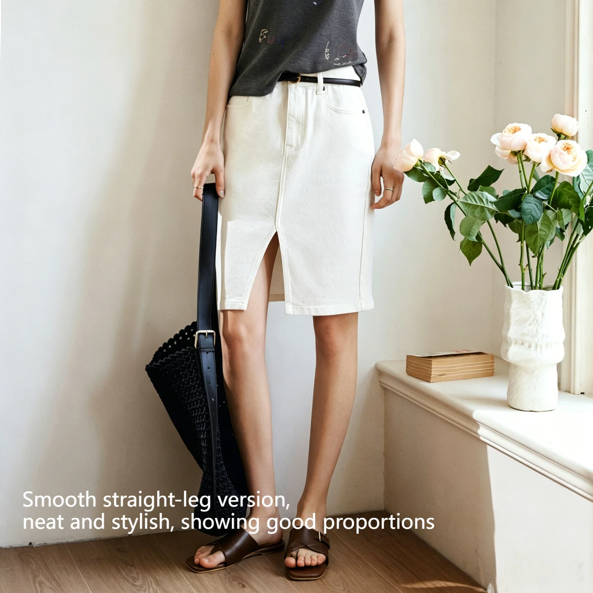 OLrain Minimalist High Waist Denim Skirt for Women 2026 Summer Front Slit Design Casual Commuter Straight Leg Skirt O58XB001805