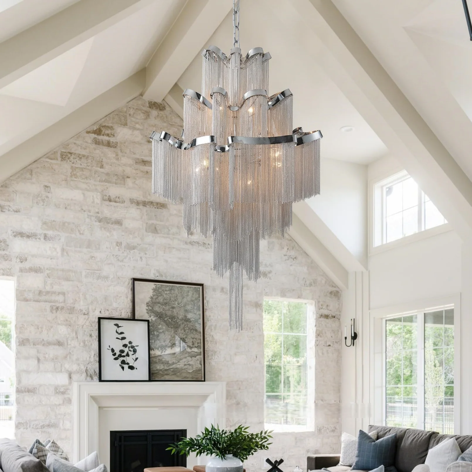 Modern Silver Stream Chain Chandelier Luxury Tassel Aluminum Pendant Light for Dining Room Living Room Staircase Duplex Building