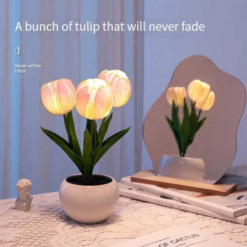 LED Tulip Night Light Can Be Plugged In Or On The Battery Bedroom Room Dormitory Bedside Ambient Light White / Pink Sleep Light