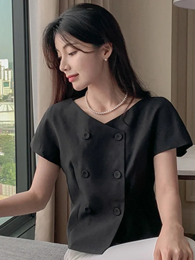 

Ele ort Sve Women's Jaet Double Buttoned Waist Cinching Summer New Sle Slimming Top Pure Color Commute Pattern