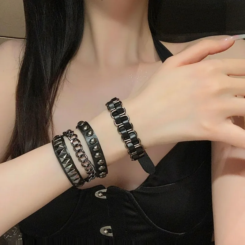 Matte Black Faux Leather Bracelet Triple Layer Punk Gothic Pyramid Stud Rivet Cuff Adjustable Wrap Wristband Unisex Alternative
