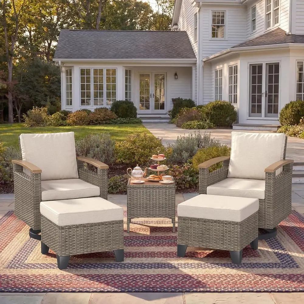 5-Piece Outdoor Patio Furniture Set with Side Table, 2 Ottomans, and Swivel Glider Chairs, Ideal for Balcony and Porch