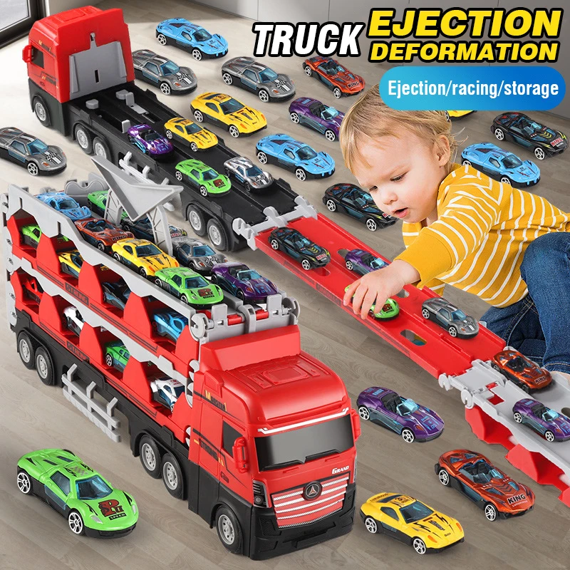 8Pcs/ Set Large Car Transporter Truck Folding Ejection Alloy Sports Car Model Inertial Truck Toys for Boys Children Educational