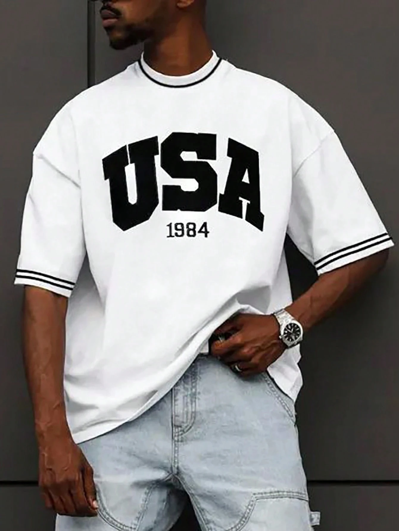 

Men Letter Graphic Striped Trim Drop Shoulder Short Sleeve Tee Casual, Boyfriend Gift Fashion Hip-Hop Streetwear Men's Clothing