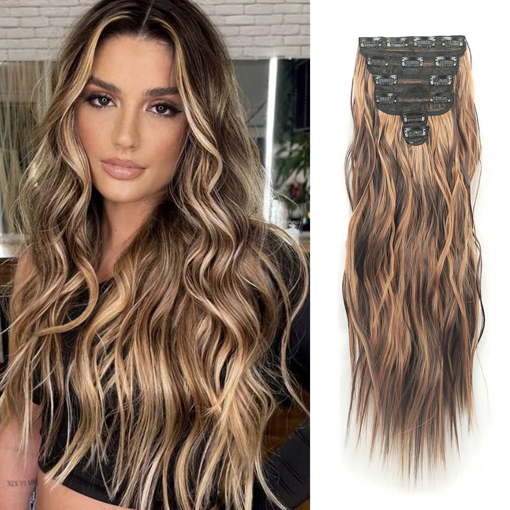 

Synthetic 6PCS/Set Clip In Hair Extensions Thick Long Waves Hair Invisible Lace Weft Natural Soft Hairpieces Daily Use