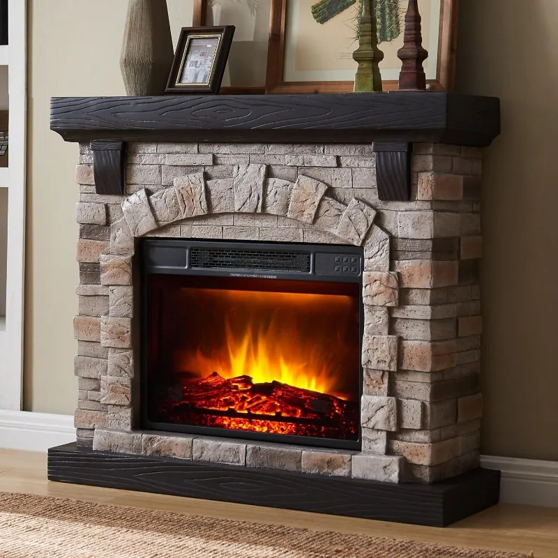 Electric Fireplace Mantel,40”W Faux-Stone Fireplace Mantel, Brightness&Temperature Control LED Flame 40”Wx12”Dx35”H