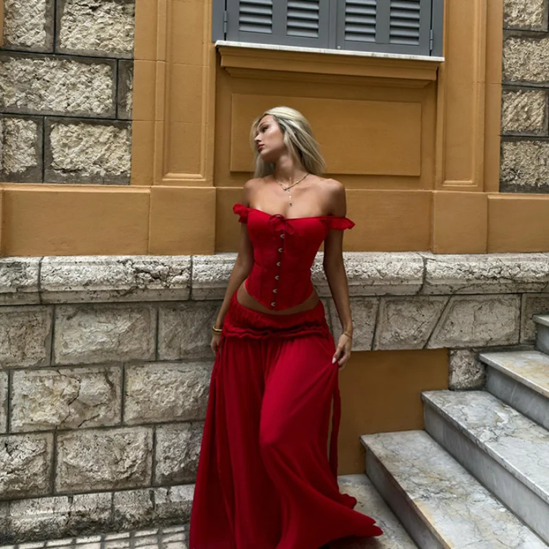 

Sexy Red Off Shoulder Corset Two Piece Set Women Ruffle Trim Lace Up Bustier Top Flowy Low Waist Skirt Set Party Evening Outfit