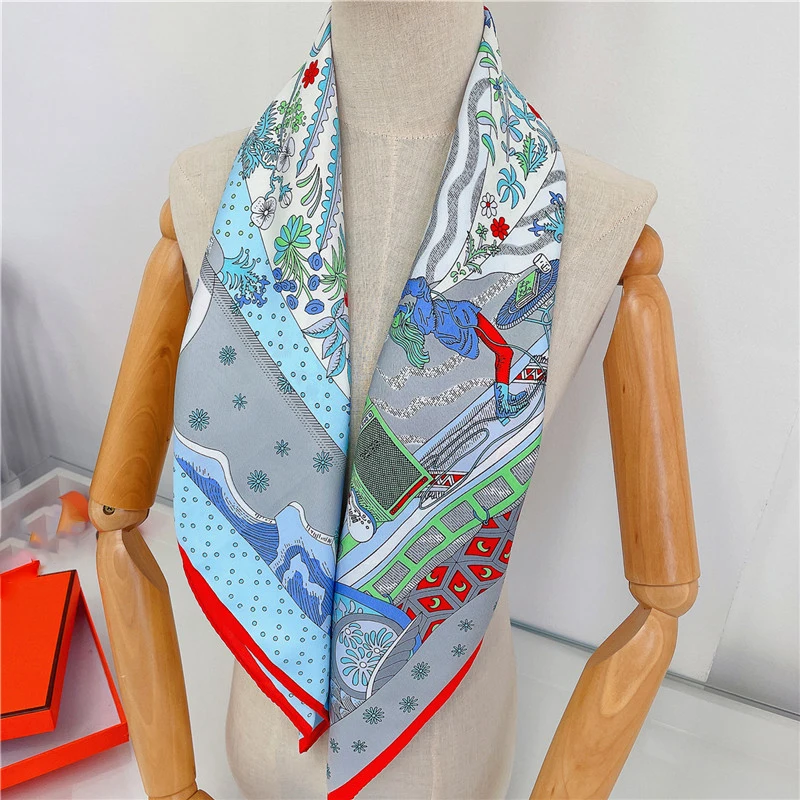 Fashion Hand RolledTwill Silk Scarf Woman Painting Square Scarves Wraps Bandana Small Hijab Foulards Tie Headband Neckerchief