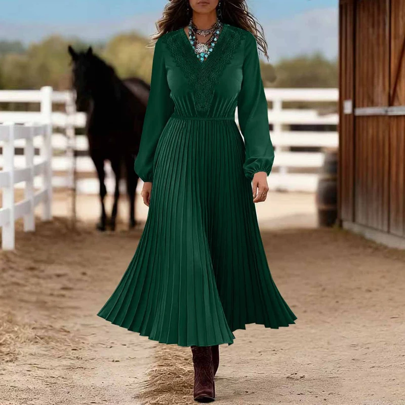 

Сексуальное однотонное платье трапециевидной формы с вышивкой, женское элегантное длинное платье с v-образным вырезом и длинными рукавами, драпированное модное вечернее платье с высокой талией