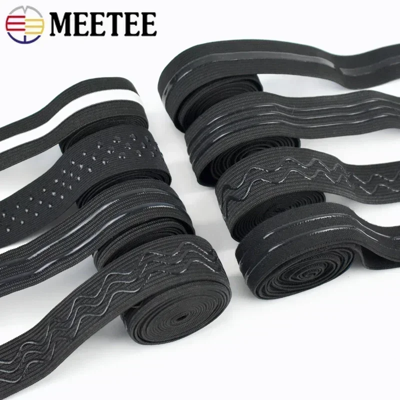 Meetee faixa elástica preta de silicone antiderrapante, 1/2 metros, para cinto esportivo, fita elástica, faça você mesmo, material de costura de