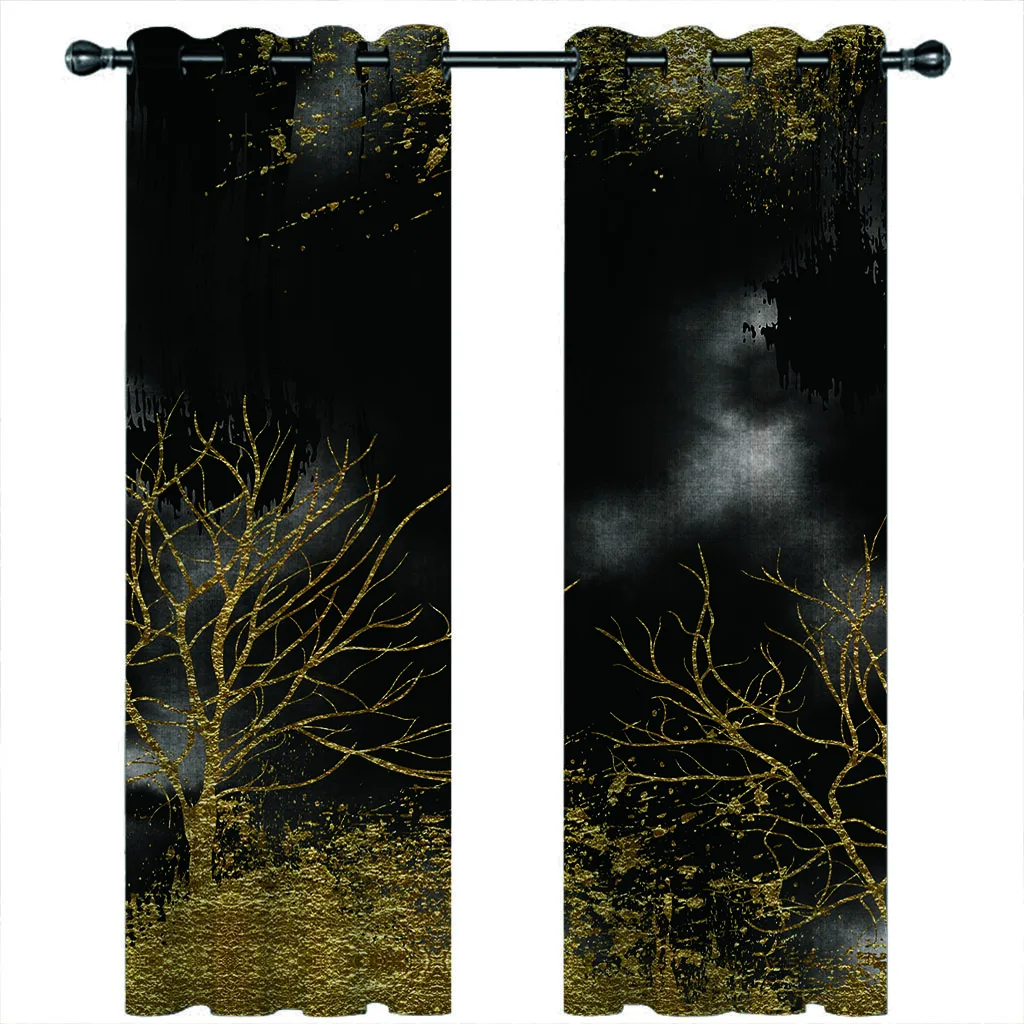 HUANZHUANG Living Room Curtains Creative Gold Tree Boho Modern Design 2 Pieces Fashion Window Curtain For Bedroom Home