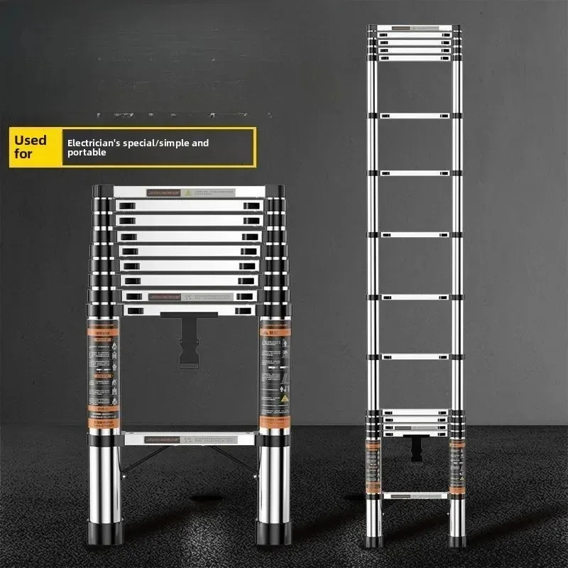 Stainless Steel Telescopic Straight Ladder, Portable Height Adjustable Bamboo Joint Ladder for Household
