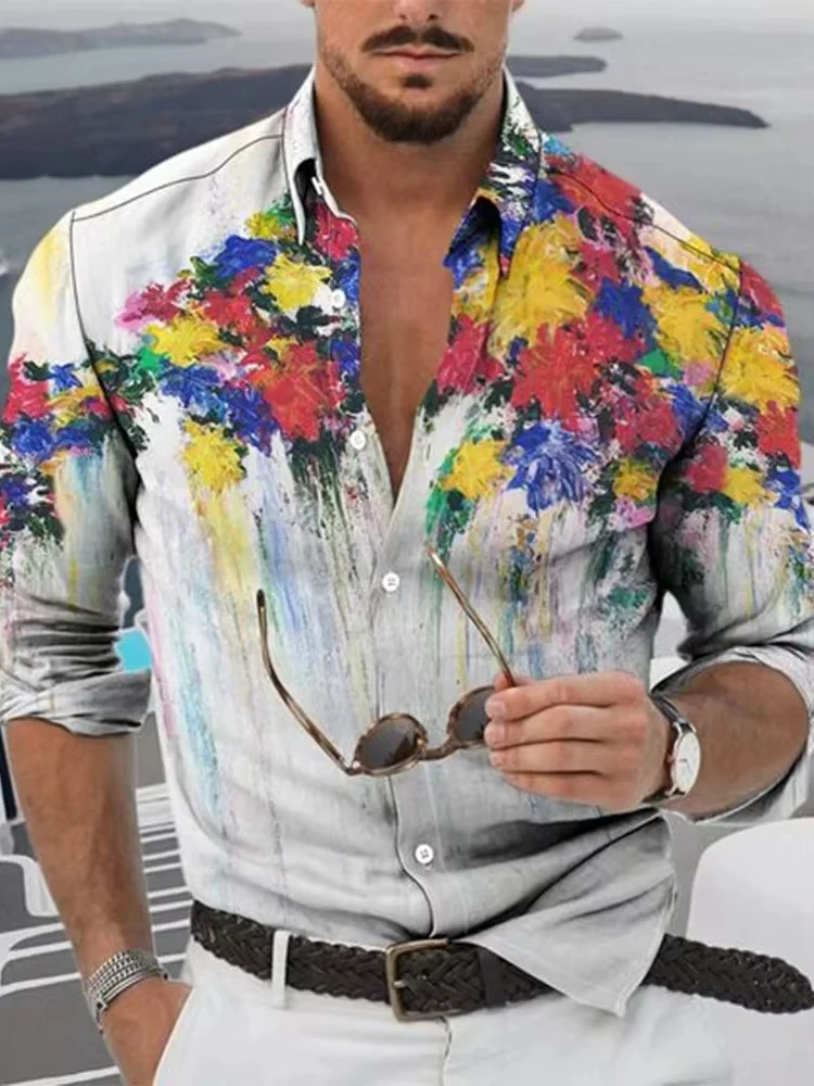 Fashion 3d Floral Shirts For Men Printed Lapel Long Sleeved Shirts Cool Graphs Street Vintage Casual Slim Men Clothes Tops。、