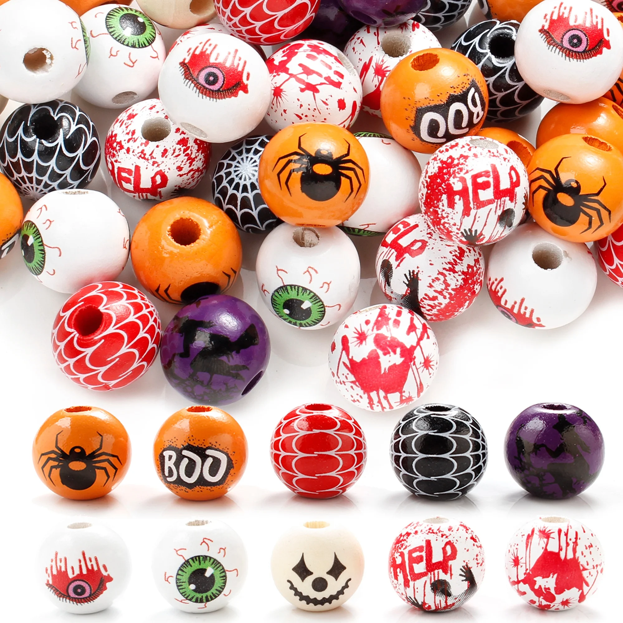 10pcs 16mm Wooden Spacer Beads Halloween Print Spider Eye Witch Bloodstain Ghost Face Mask Beads For Making Bracelet Necklace