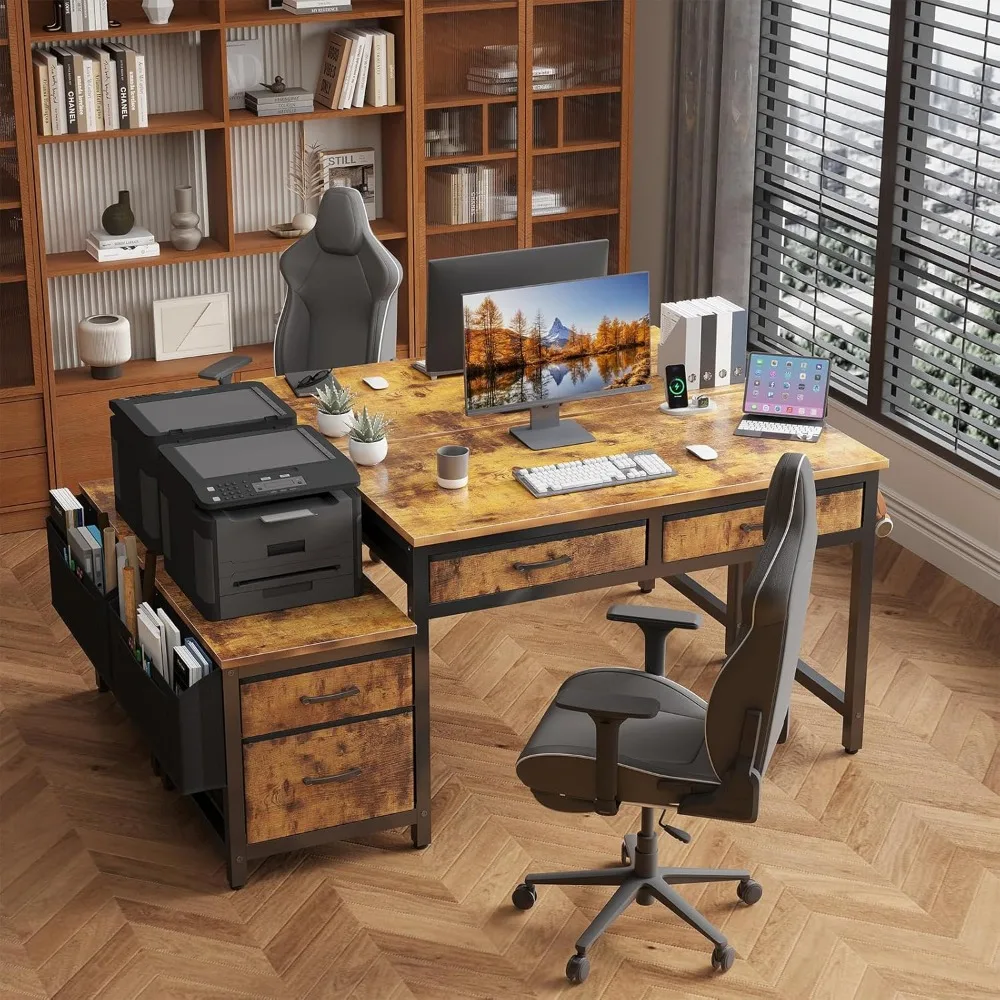 مكتب خزانة ملفات بأدراج قماشية مع حامل طابعة، مكتب مكتب منزلي مقاس 57 بوصة للمساحات الصغيرة