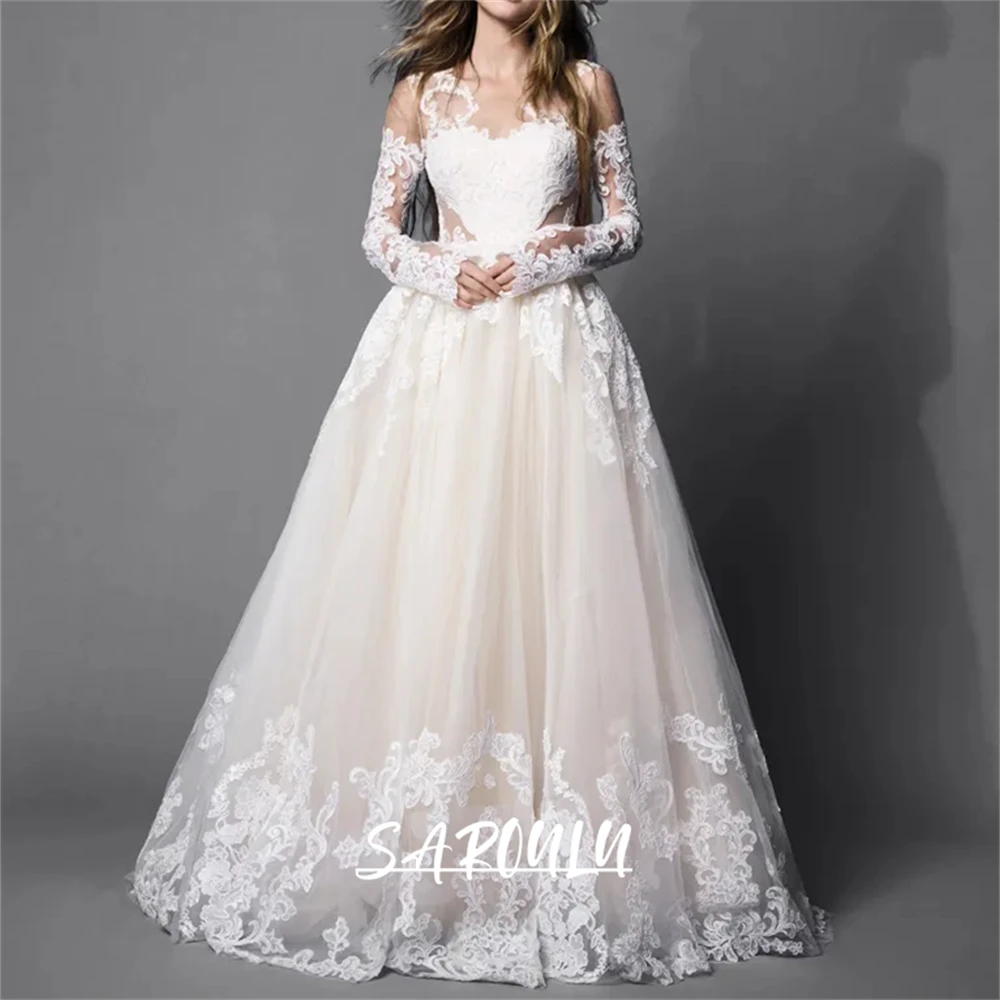 

Classic Lace Tulle Bride Dress with Off the Shoulder Sleeves, A Line Floor-Length Wedding Dresses for Brial 2025 Customized