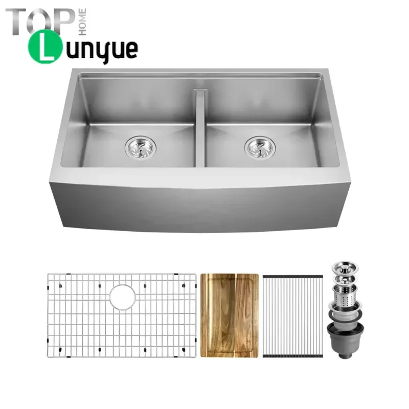 Brushed Stainless Steel Handmade Double Bowl Kitchen Sink Farmhouse Apron Front Workstation Easy Clean Multifunctional for