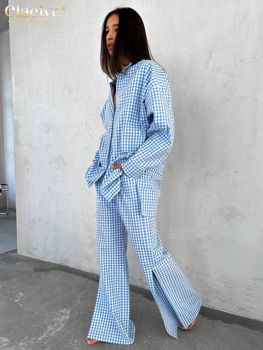 Clacive-Conjunto de 2 piezas de algodón a rayas azules para mujer, camisa de manga larga elegante con Pantalones anchos de cintura alta, moda