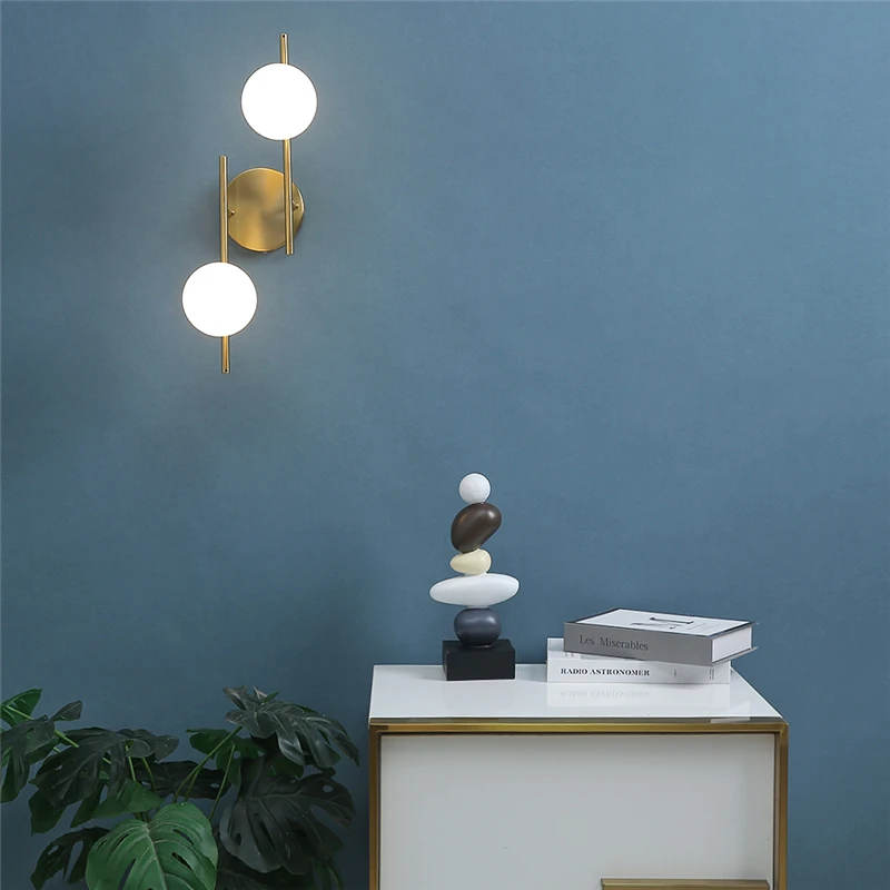 Modern Led Wall Lamps Indoor Golden Wall Lights with Milky Glass Round Ball Bedside Wall Lights Double G9 Bulbs with Light Bulb