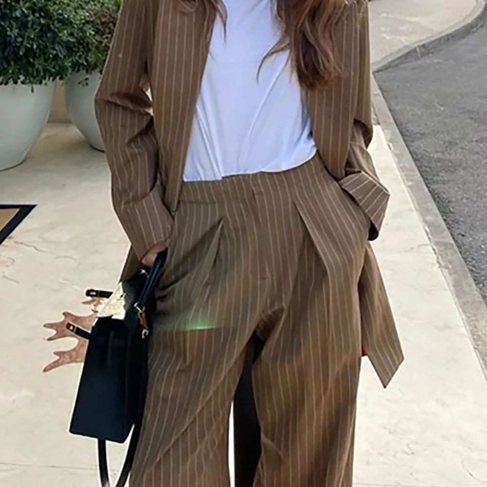 피크드 라펠 여성 정장 신상 클래식 스트라이프 스트레이트 캐주얼 투피스 (자켓+바지) 여성 맞춤 세트