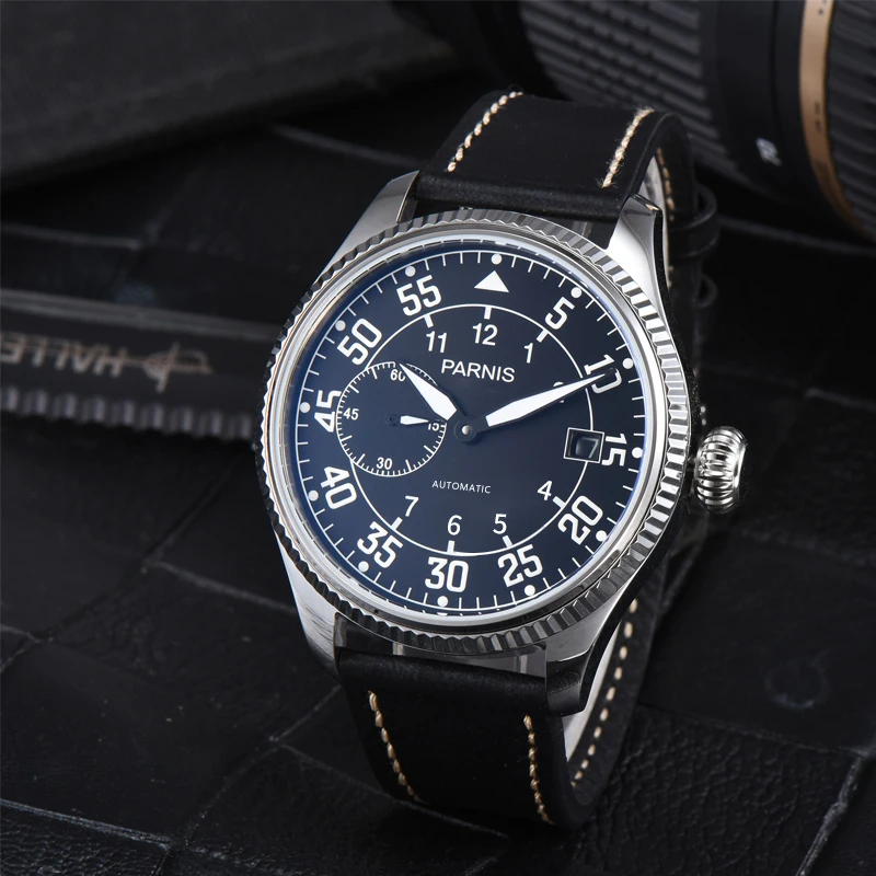 

Fashion Parnis 45mm Black Dial Automatic Mechanical Men Watch Calendar Leather Strap Men's Watches Top Luxury Brand 2024 Gift