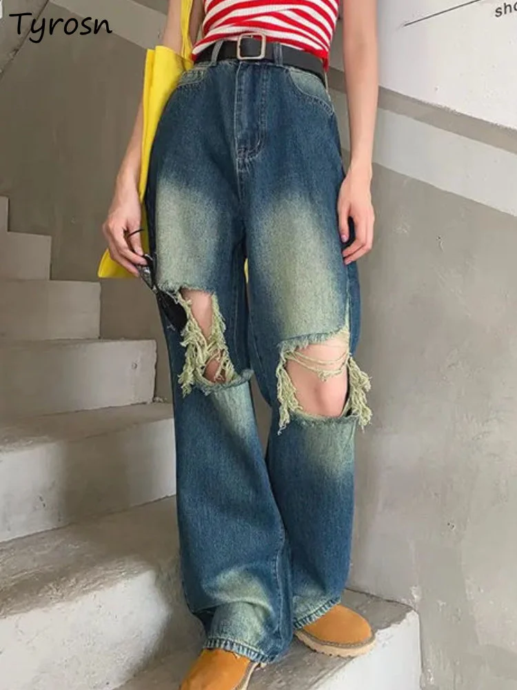 

Jeans Women Ripped Students S-4XL Vintage Daily Bleached Simple Summer Designer Fashion Casual Korean Style High Street Harajuku