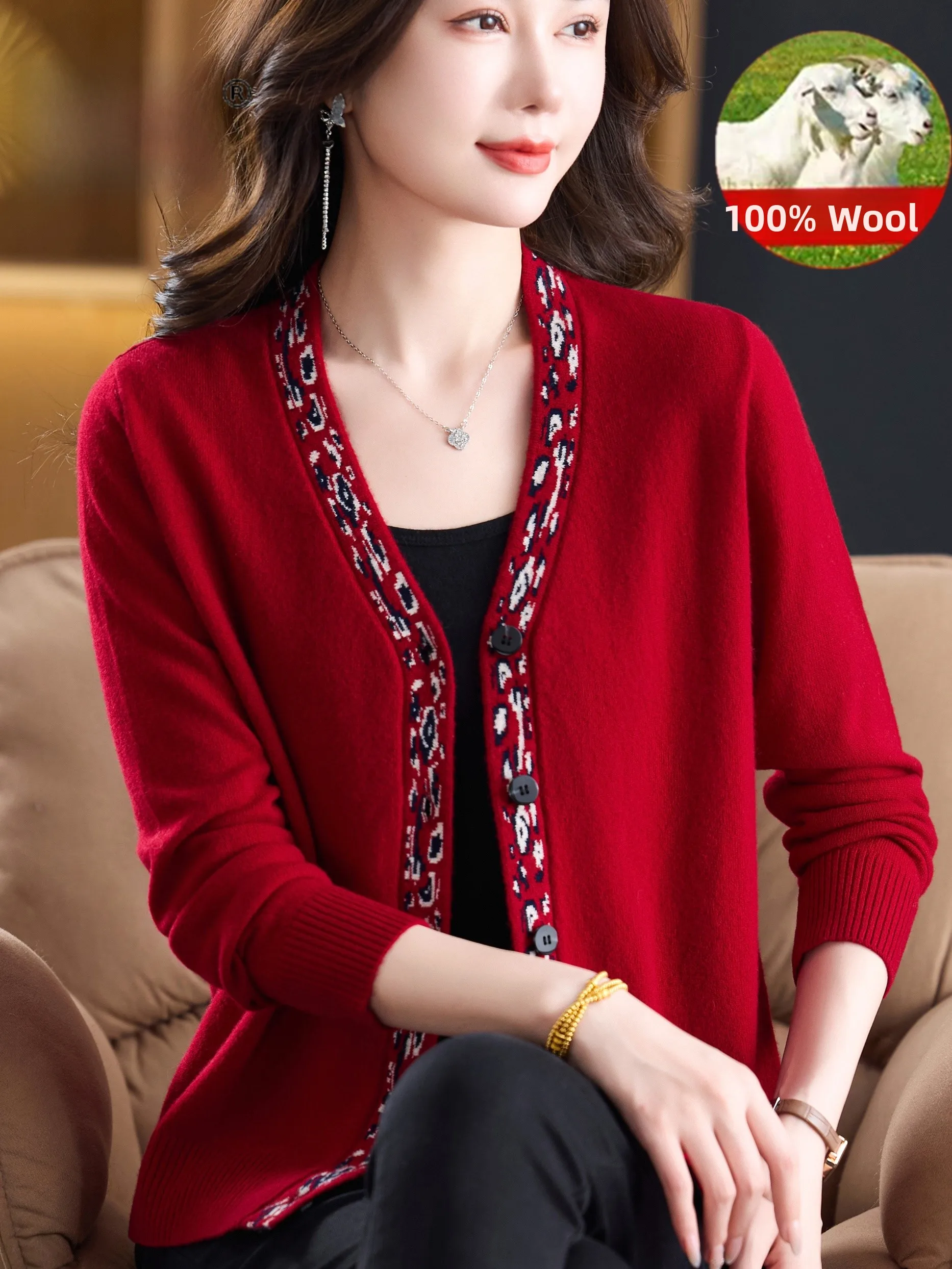 

Весенне-осенний кардиган из 100% чистой шерсти с V-образным вырезом, вязаный, на пуговицах, стильный, для женщин среднего возраста, верхняя одежда