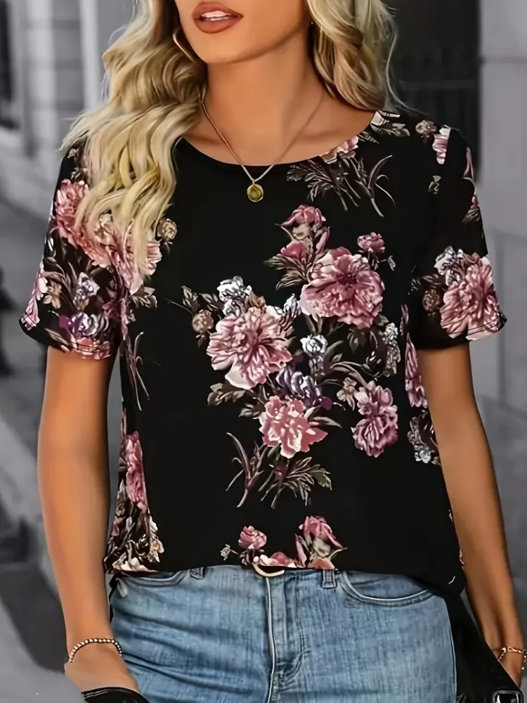 Plus Size Floral Print T-Shirt  Casual Crew Neck Short Sleeve T-Shirt Women\'s Plus Size Clothing