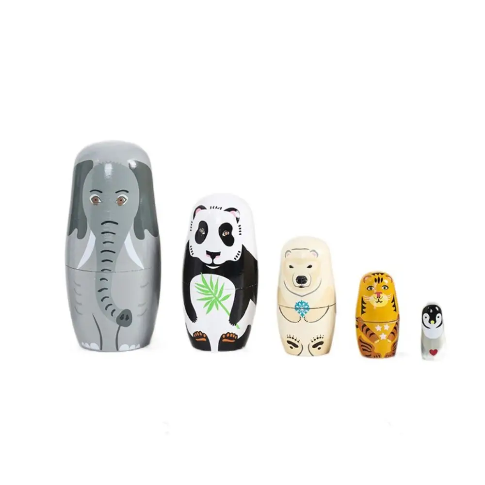 

Tiger 5Pcs/Set Animal Matryoshka Doll Wood Smooth Girls Russian Doll Panda Line Dog Wooden Stacking Dolls Xmas