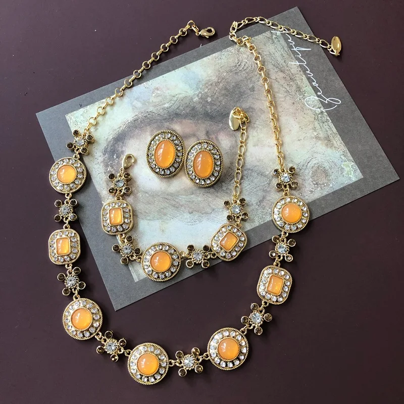 Electroplated real gold orange round diamond silver needle earrings bracelets necklaces  colar feminino jewelry