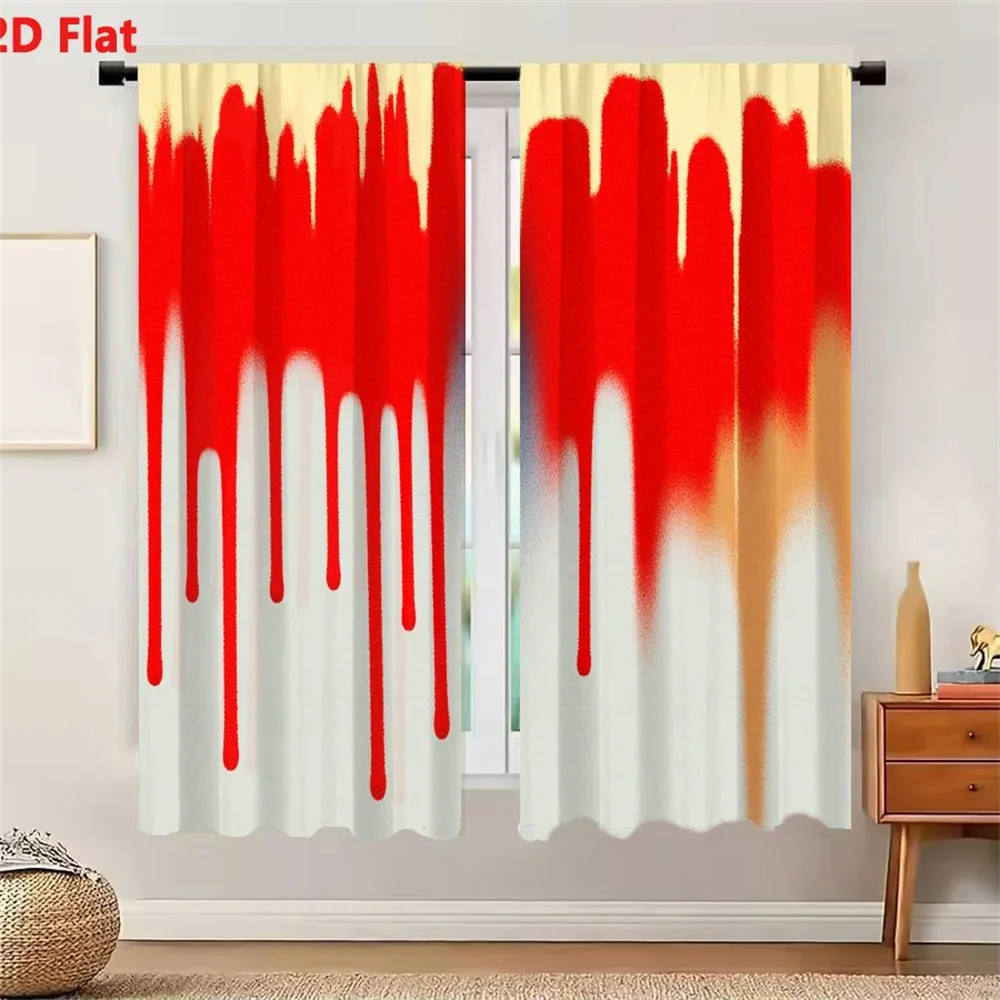 2Pcs Curtains 2D Flat Abstract Composition With Vertical Red Dripping Shapes On Yellow To White Gradient Background Window Drape