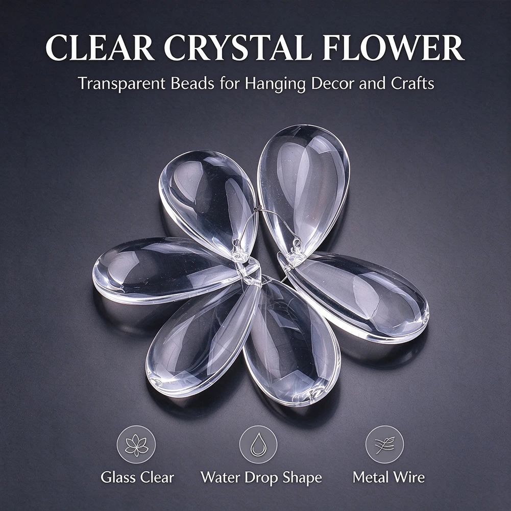 Clear Crystal Smooth Teardrop Bead Wire Wrapped Flower Pendant Suncatcher Wind Chime Parts DIY Craft Outdoor Garden Decor