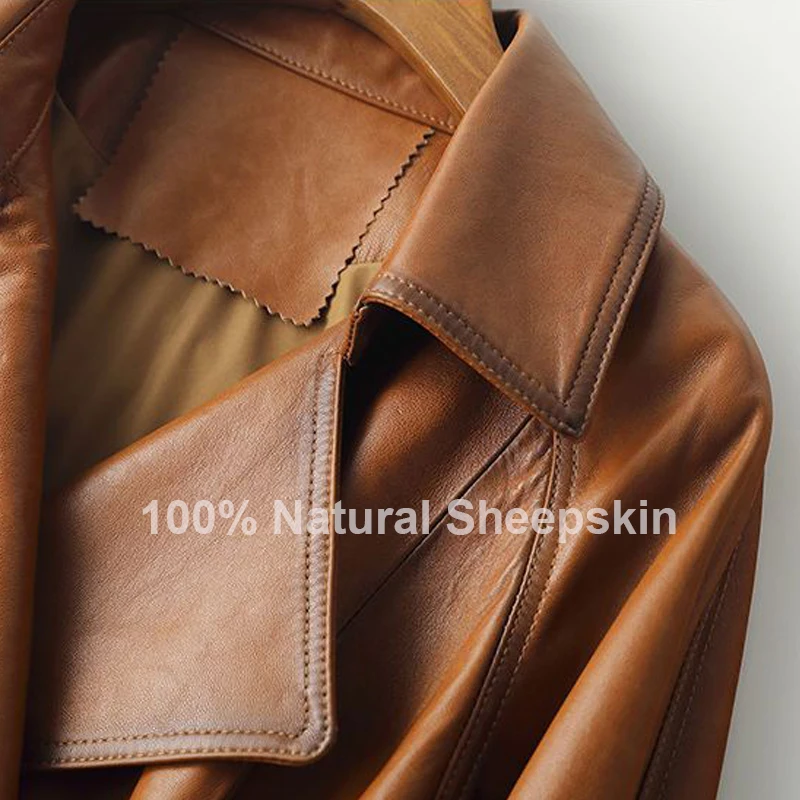 100% Real Sheepskin Women Vintage Brown Leather Jackets Fashion Lapel Collar Belt Ladies Casual First Layer Leather Jackets Tops