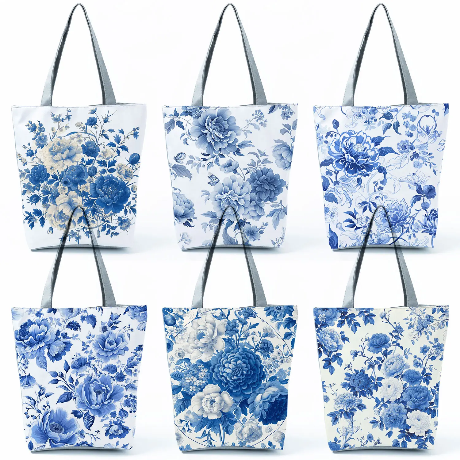 Blue and White Porcelain Print Handbags Practical Office Tote Floral Shopping Bags Large Capacity Travel Shoulder Bags For Women