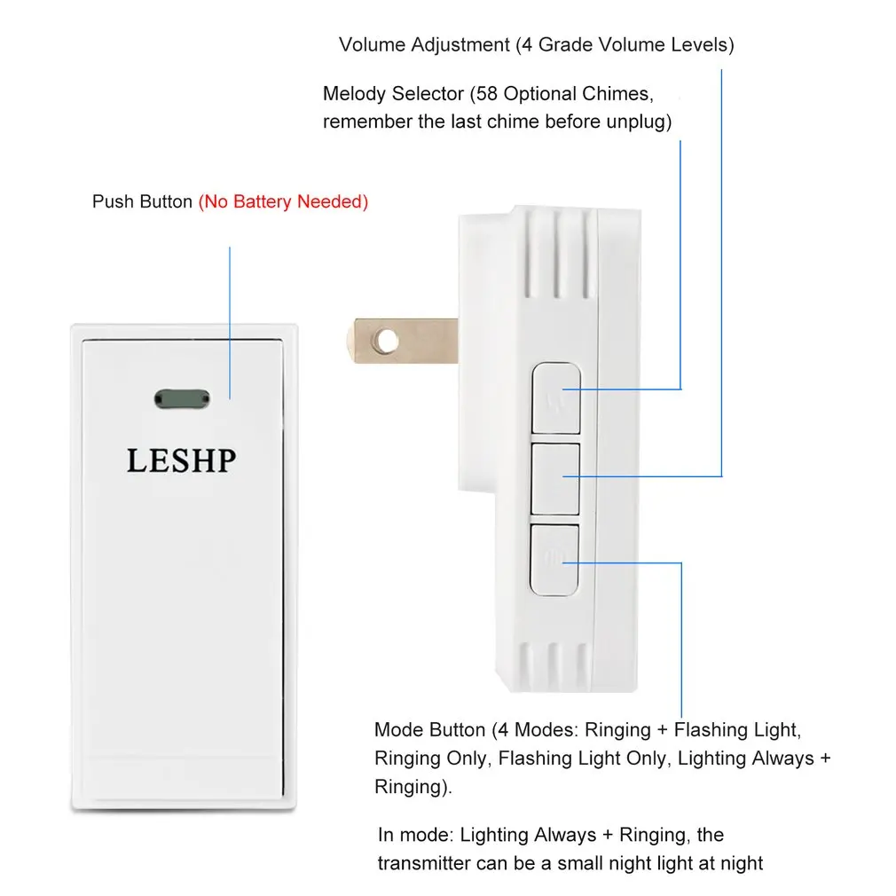 Leshp-campainha sem fio de longa distância, luz noturna de controle remoto, música de acordes com 2 plug US, 150m, 58 pcs