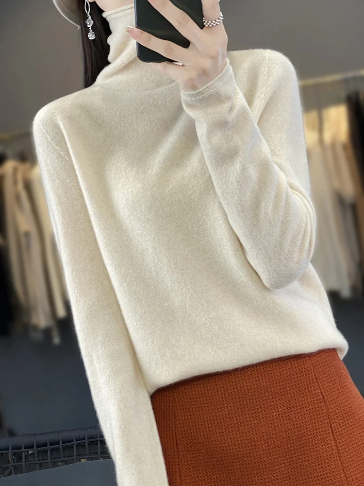 

Autumn Winter Women 100% Merino Wool Pullover Turtleneck Sweater Casual Korean Style Cashmere Knitwear Clothing Tops