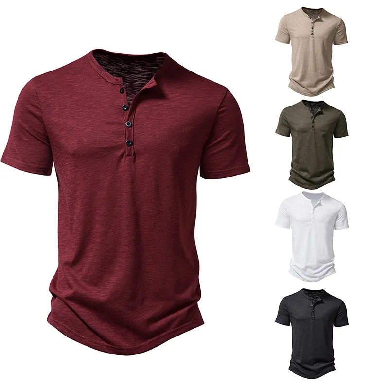 Camiseta de manga corta de algodón rojo vino oscuro para hombre, ropa deportiva con cuello Henley, botones distintivos, talla grande, para realzar la musculatura