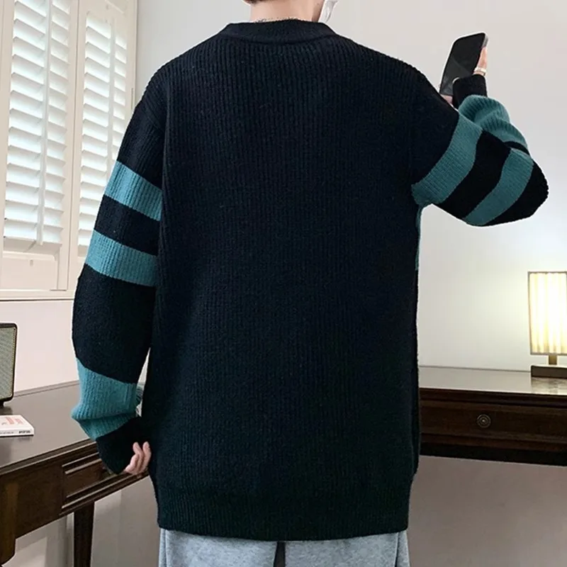 Autumn Winter Men Fashion Patchwork Sweaters Warm Knitted Tops Long Sleeve O-neck Pullovers Vintage Male Casual Loose Knitwear