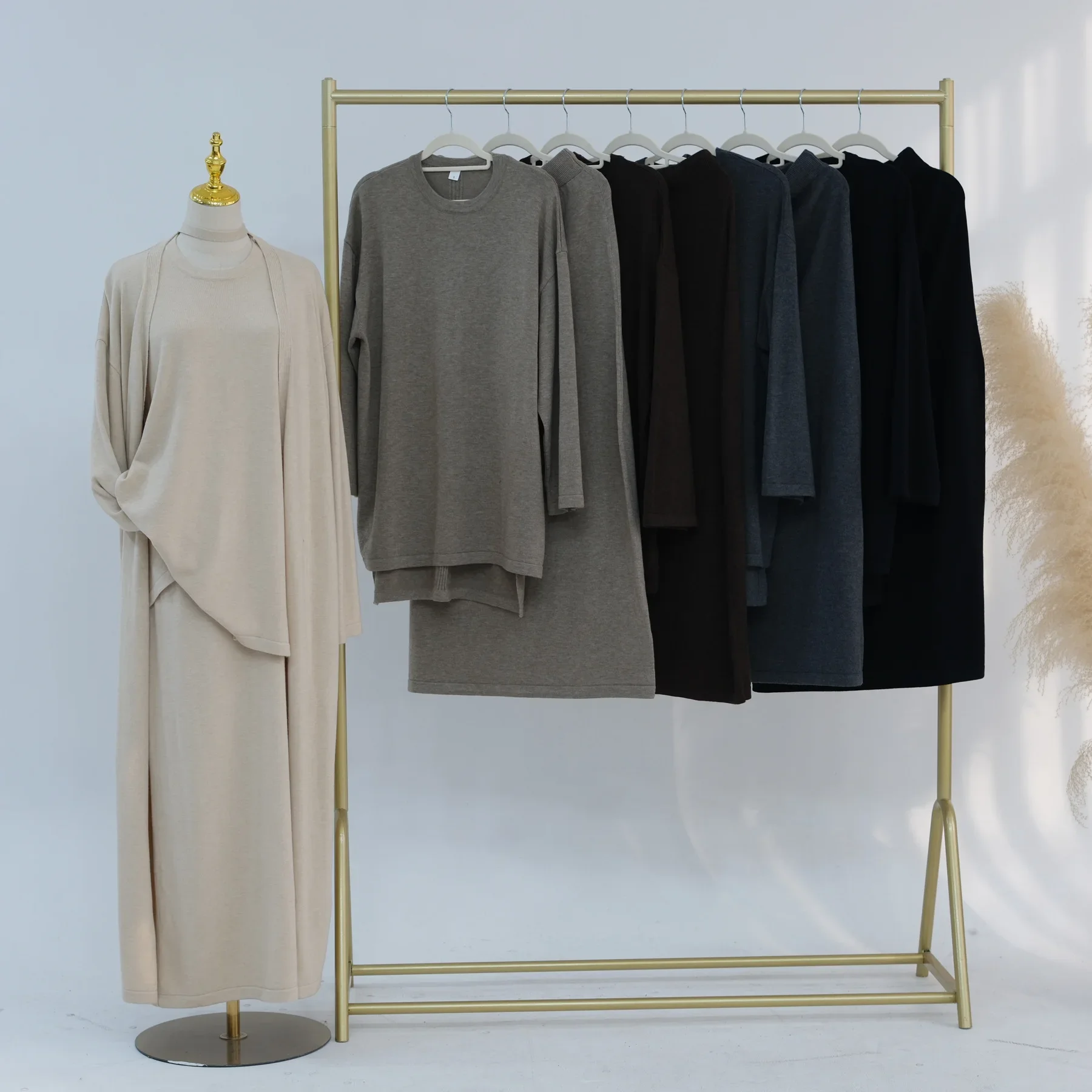 3PCS New Knitted Muslim Sets for Women Autumn Winter Kimono Cardigan + Tops + Skirt Islam Clothing Dubai Abaya Dress Ensembles