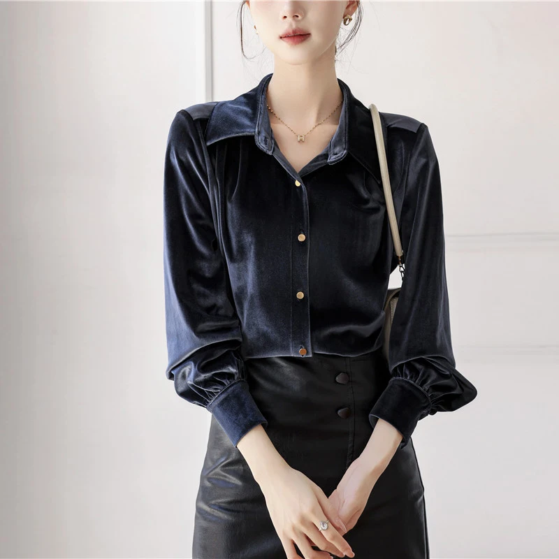 Camicia in velluto blu navy da donna 2025 Camicetta francese elegante a maniche lunghe per stratificazione Camicia da ufficio basic autunno inverno