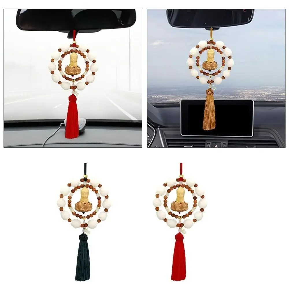 

Solid Wood Buddha Statue Charm Woven Double Circle Creative Design Automotive Decor Boxwood Little Buddha Fengshui Pendant
