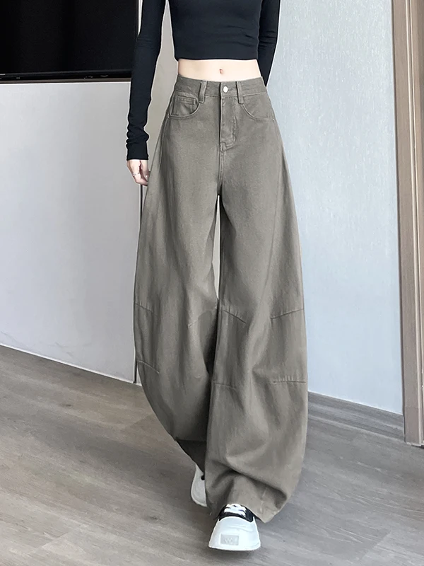 

plus Size Casual Vintage Distred Denim Jeans High Waist Loose Straight Leg Wide Leg Pants Women's Autumn New Sle