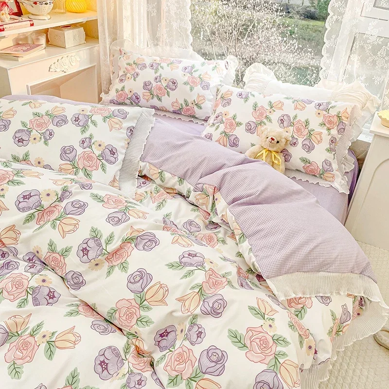 150/180/200CM Purple Rose Floral Print Polyester Bed Sheet Duvet Cover Pillowcase Four-piece Spring Summer Bedding Set M055-6