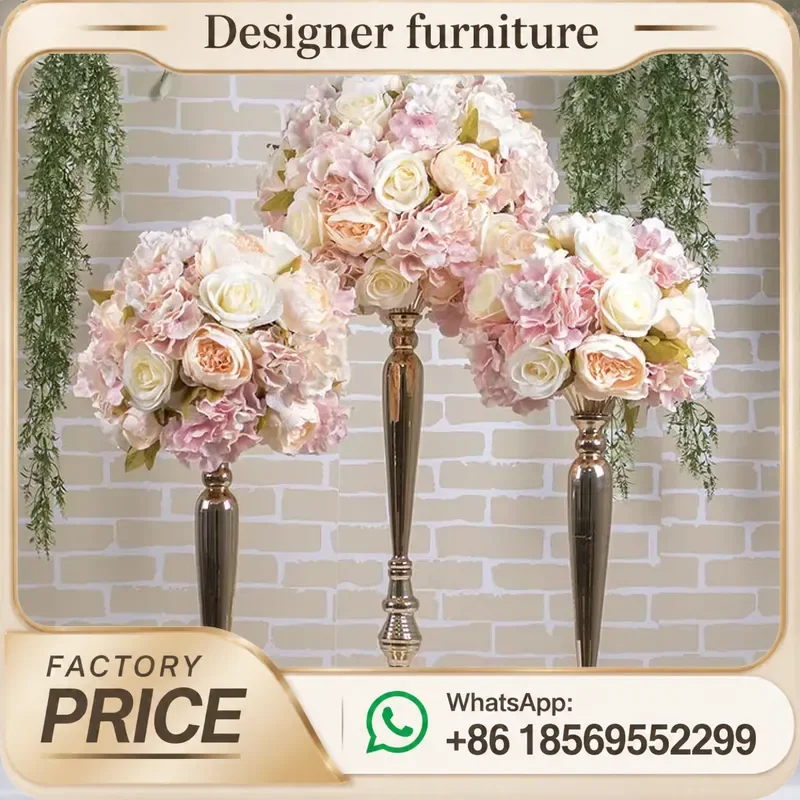 Artificial Silk Rose Flower Ball Centerpiece Gold Candle Stick Wedding Table Decoration Party Event Home Decor