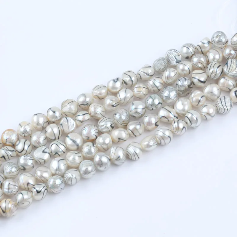 18cm 10-12mm Printing Water Ripple Natural Loose Fresh Water Baroque Pearls Beads Strand