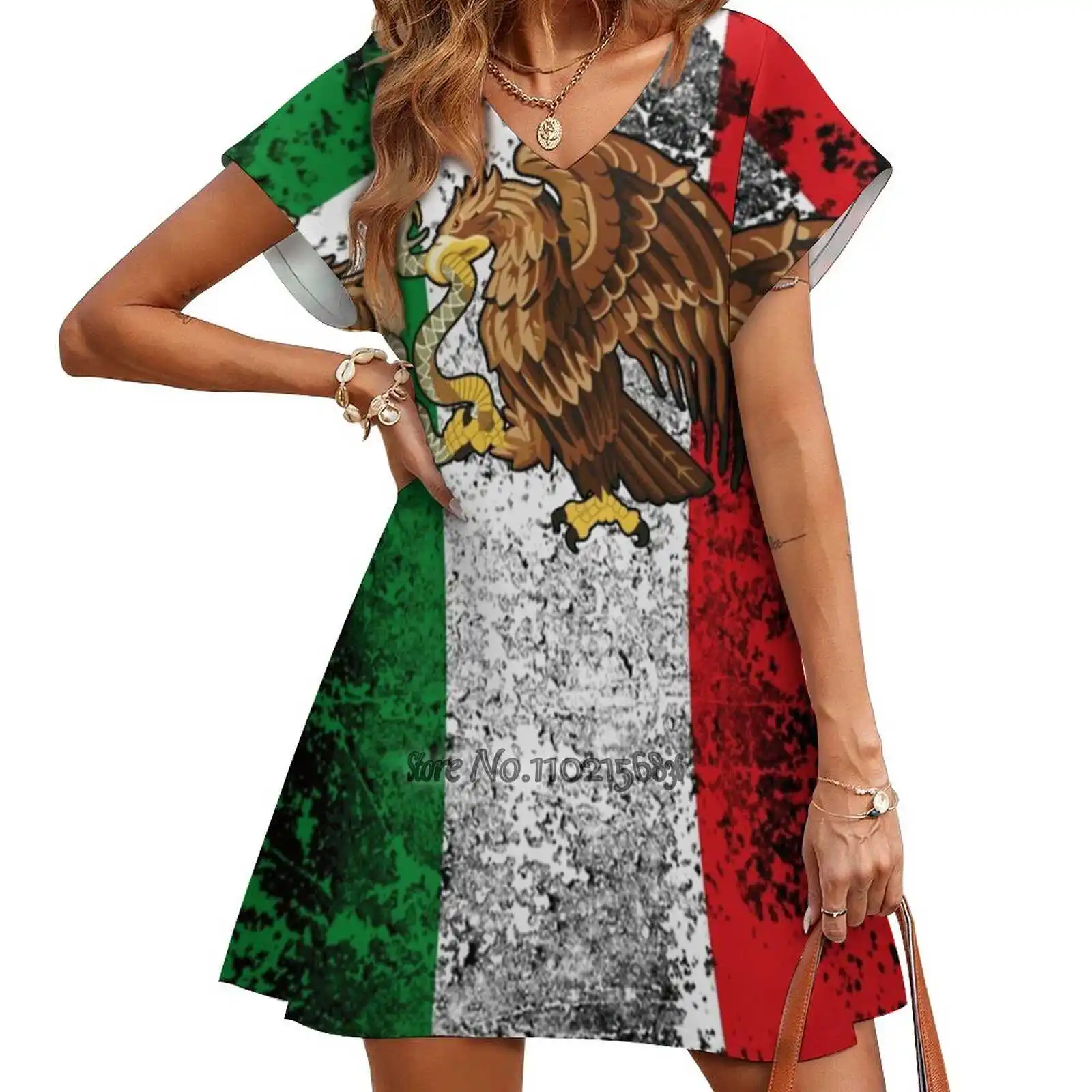 Mexican Flag Back Lacing Backless Dress Square Neck New Plus Size Elegant Women Dress Mexico Mexican Flag Eagle Serpent Snake