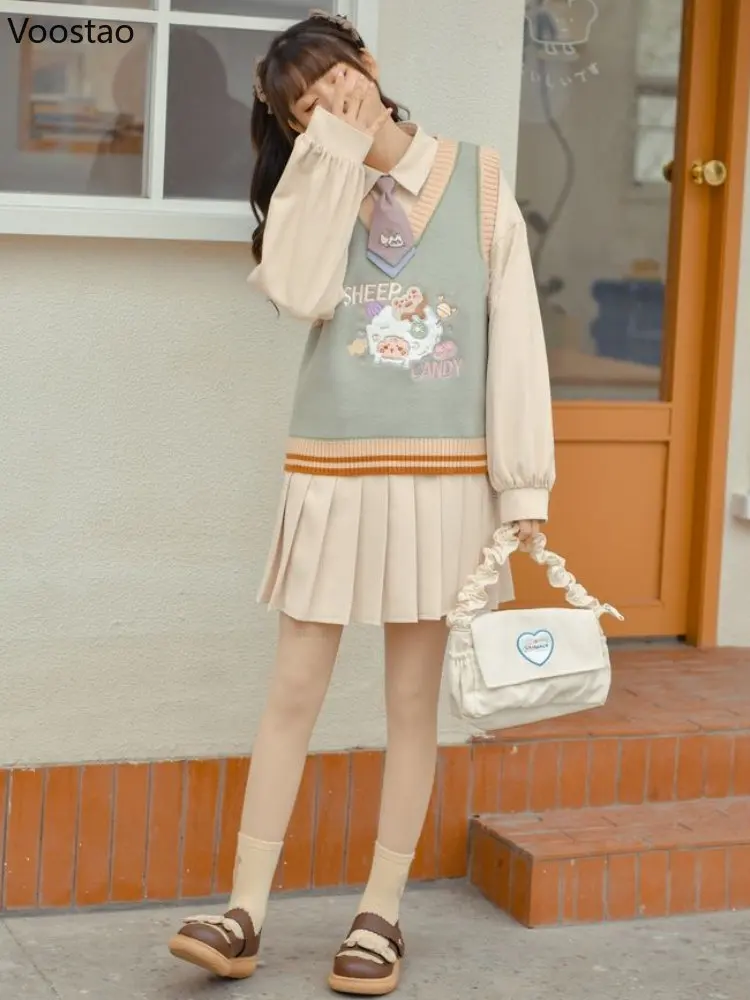 Japanese Fashion Cute Cartoon Embroidery Knitted Vest Spring Autumn Women Kawaii Sleeveless JK Sweater Girls Sweet Waistcoat